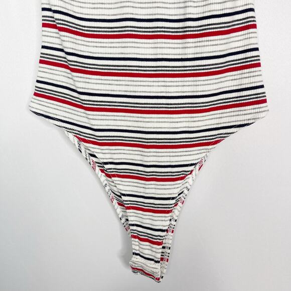 New Wild Honey M White Red Black Striped Halter Ribbed Low Back Bodysuit Cotton - Picture 3 of 11